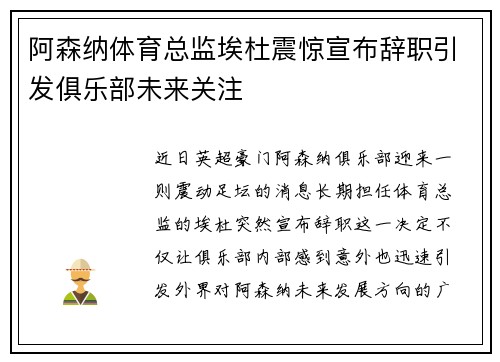 阿森纳体育总监埃杜震惊宣布辞职引发俱乐部未来关注 阿森纳体育总监埃杜震惊宣布辞职引发俱乐部未来关注