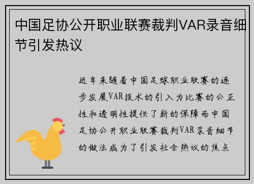 中国足协公开职业联赛裁判VAR录音细节引发热议