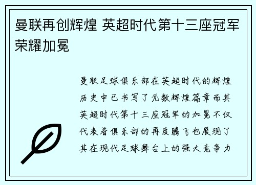曼联再创辉煌 英超时代第十三座冠军荣耀加冕